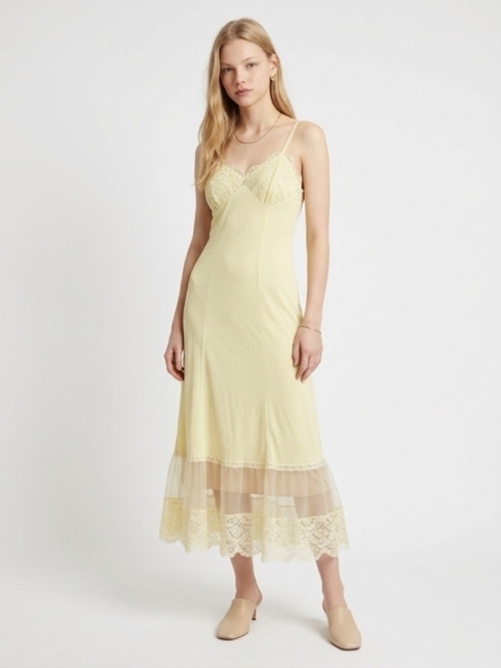 60s/70s European Vintage Nylon & Lace Ruffle Hem Midi Slip Dress Yellow Size M/L